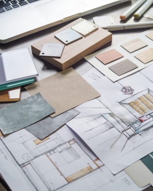 Architect designer Interior creative working hand drawing sketch plan blue print selection material color samples art tools Design Studio